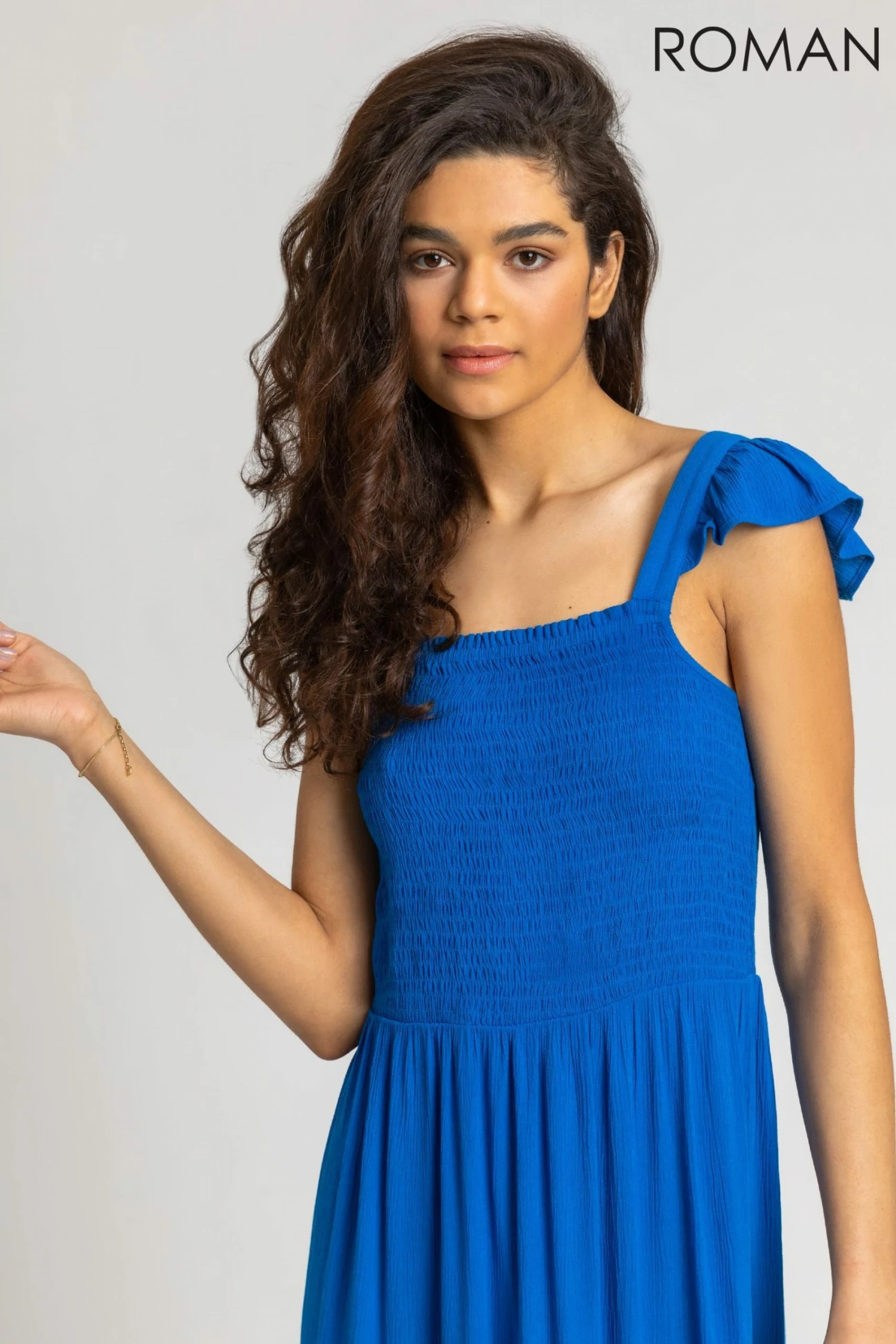 Roman Blue Shirred Bodice Frill Detail Midi Dress 6 Roman Blue Shirred Bodice Frill Detail Midi Dress - Image 4