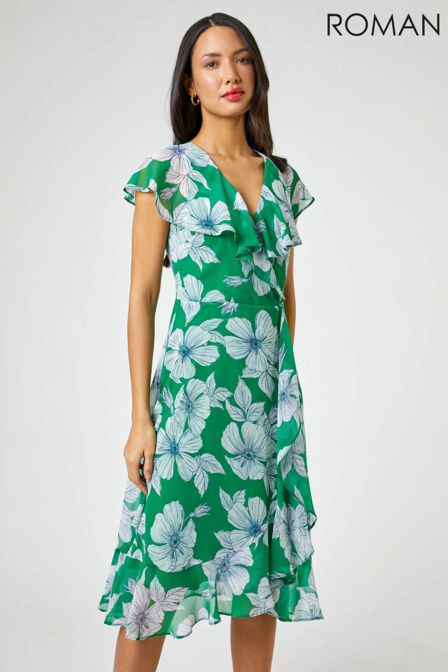Roman Green Floral Print Frill Midi Dress 3 Roman Green Floral Print Frill Midi Dress