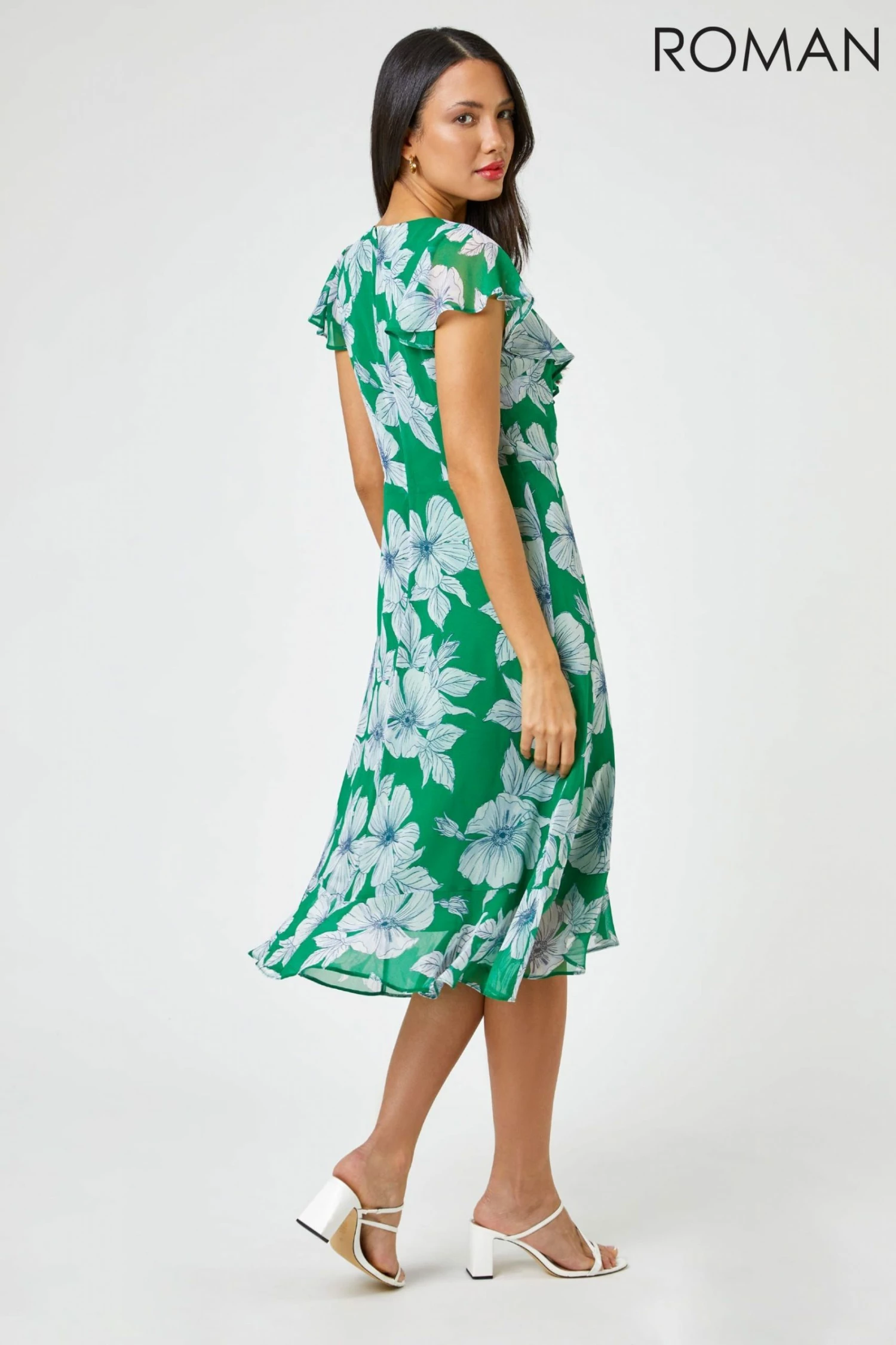 Roman Green Floral Print Frill Midi Dress 5 Roman Green Floral Print Frill Midi Dress - Image 3