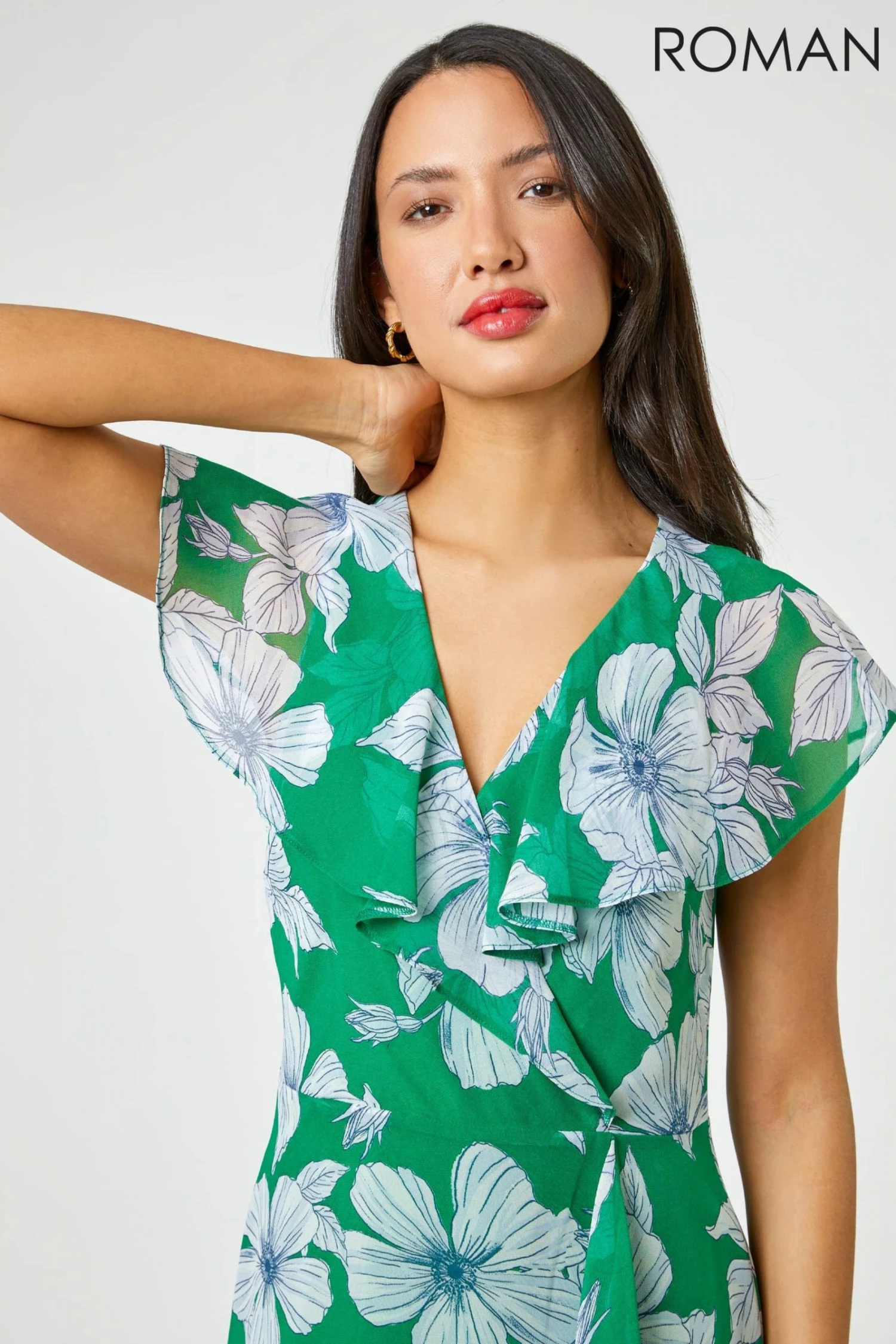 Roman Green Floral Print Frill Midi Dress 6 Roman Green Floral Print Frill Midi Dress - Image 4