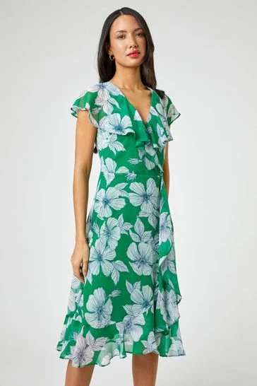 Roman Green Floral Print Frill Midi Dress 7 Roman Green Floral Print Frill Midi Dress - Image 5