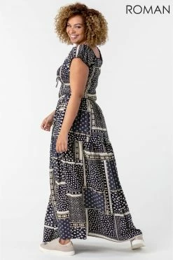 Roman Navy Curve Shirred Patchwork Bardot Dress -Roman Sales Shop unnamed file 1788