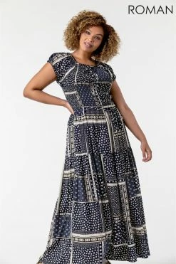 Roman Navy Curve Shirred Patchwork Bardot Dress -Roman Sales Shop unnamed file 1789