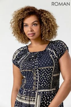 Roman Navy Curve Shirred Patchwork Bardot Dress -Roman Sales Shop unnamed file 1790