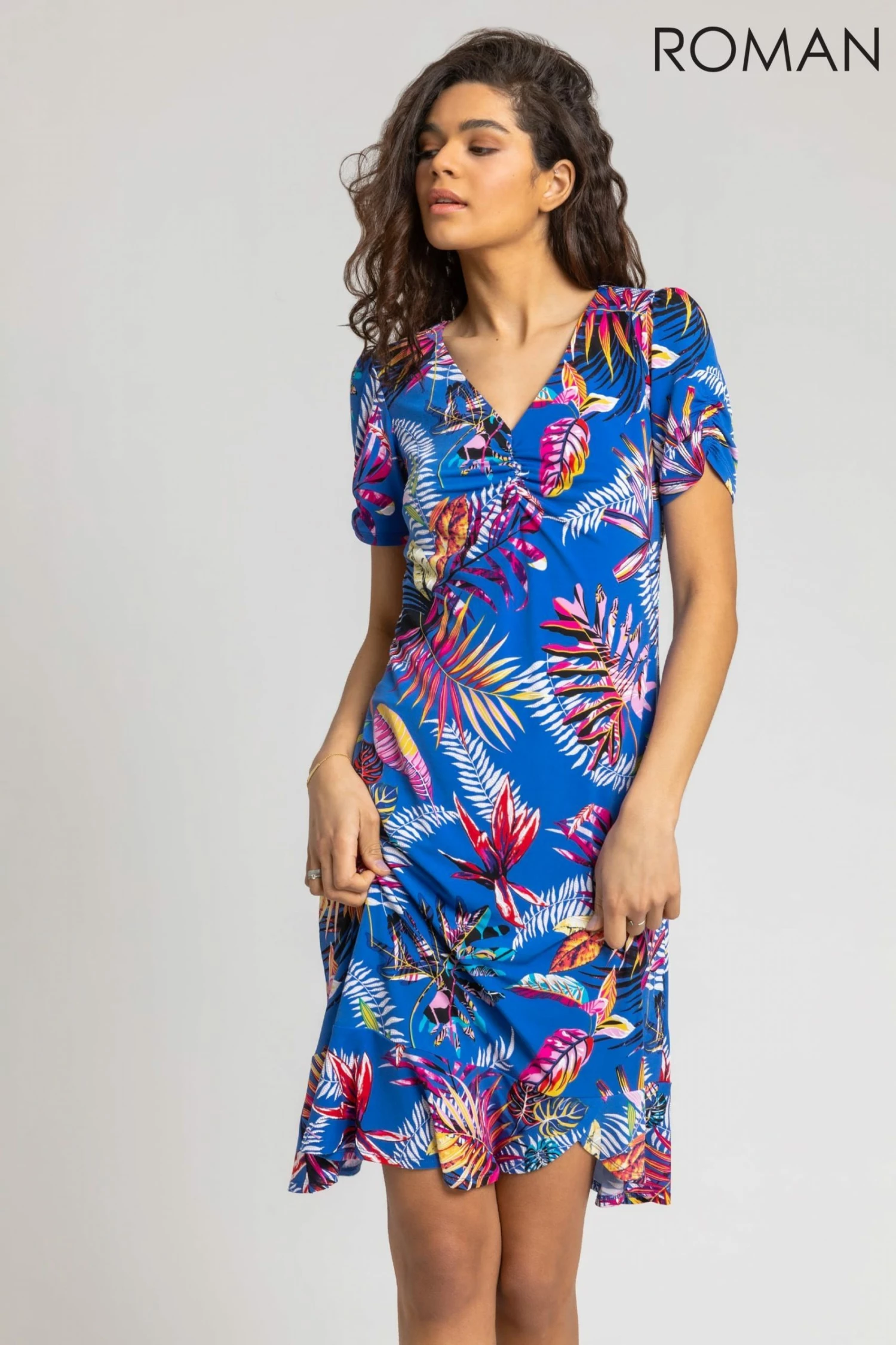 Roman Blue Tropical Print Frill Detail Dress 3 Roman Blue Tropical Print Frill Detail Dress