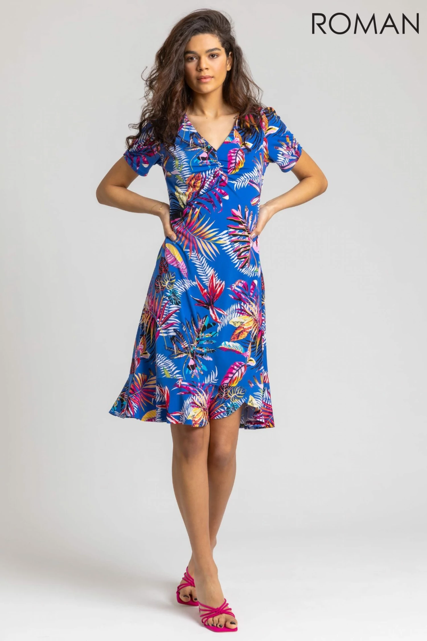 Roman Blue Tropical Print Frill Detail Dress 5 Roman Blue Tropical Print Frill Detail Dress - Image 3