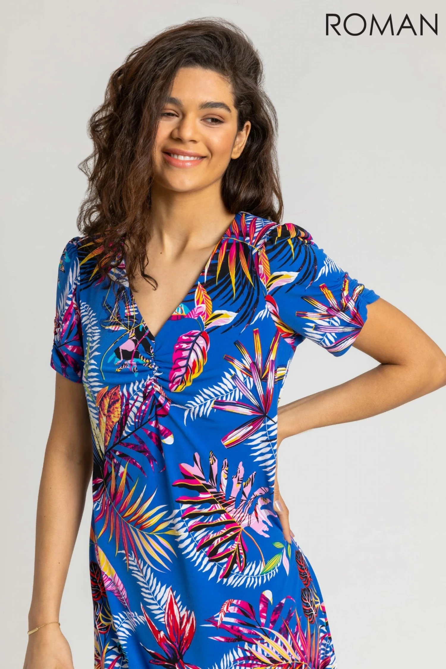 Roman Blue Tropical Print Frill Detail Dress 6 Roman Blue Tropical Print Frill Detail Dress - Image 4