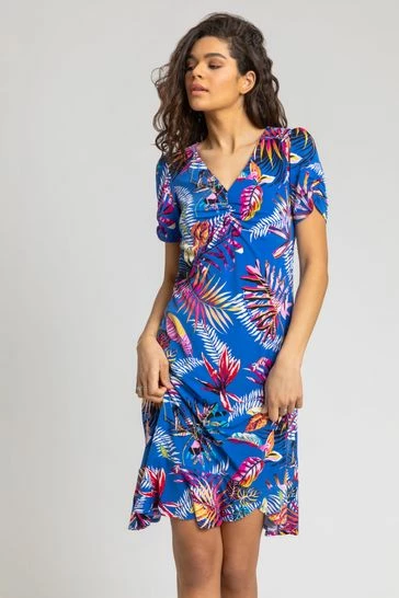 Roman Blue Tropical Print Frill Detail Dress 7 Roman Blue Tropical Print Frill Detail Dress - Image 5