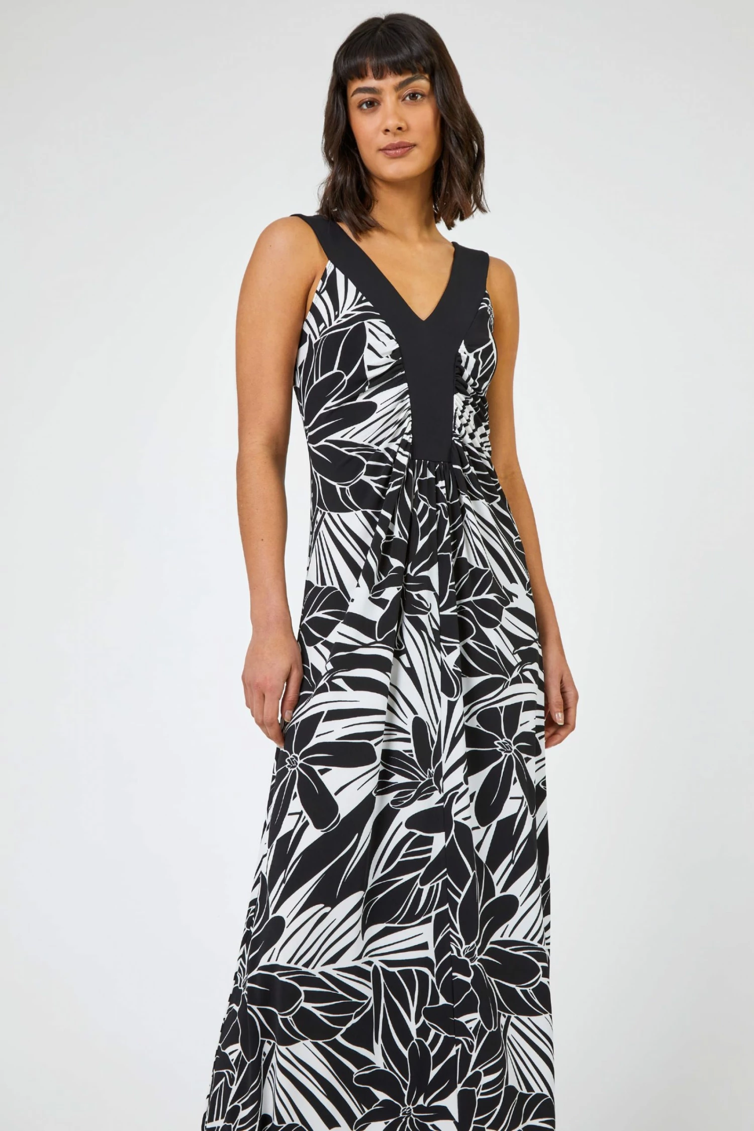 Roman Black Floral Print Contrast Band Maxi Dress 3 Roman Black Floral Print Contrast Band Maxi Dress