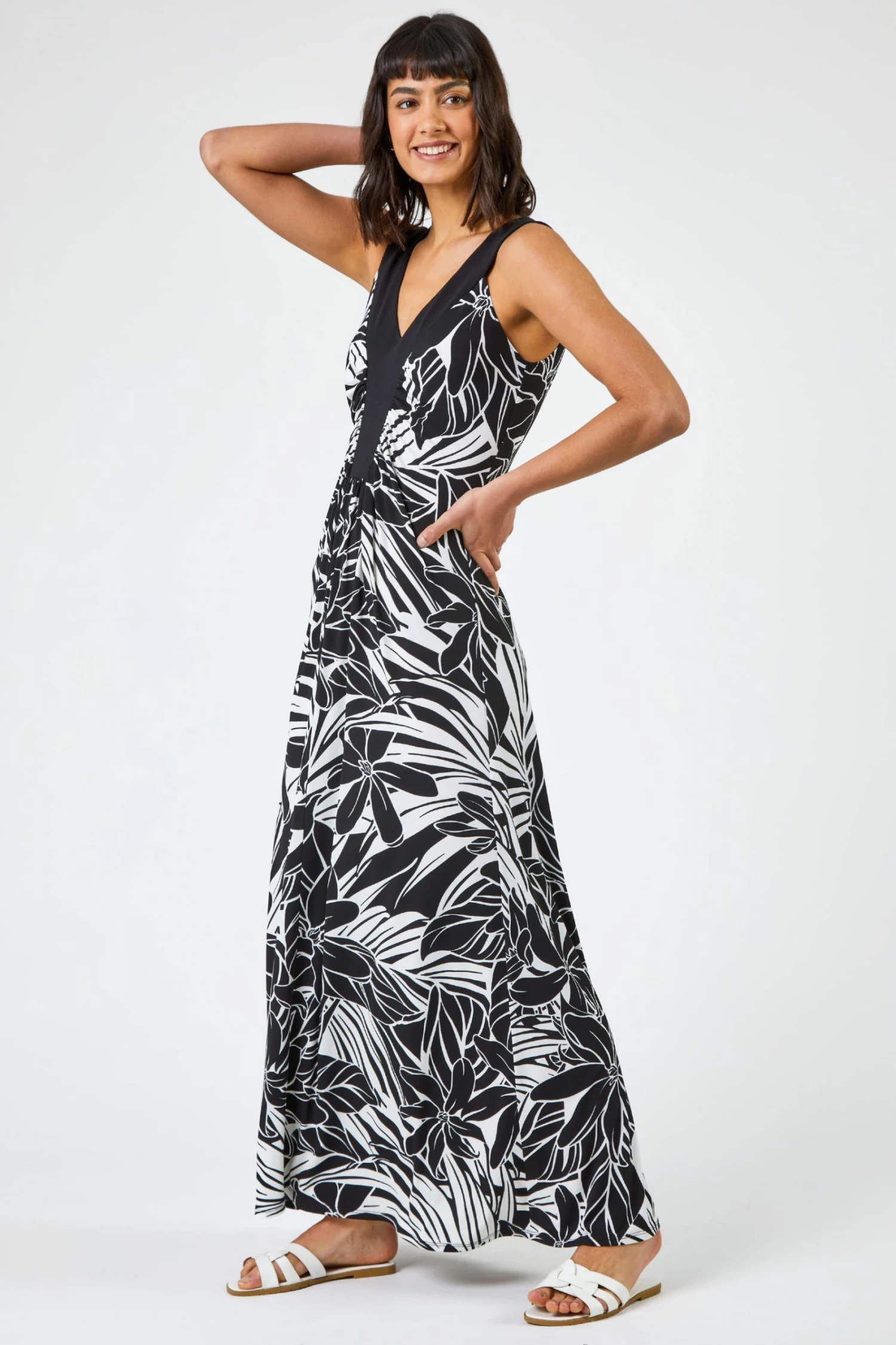 Roman Black Floral Print Contrast Band Maxi Dress 5 Roman Black Floral Print Contrast Band Maxi Dress - Image 3