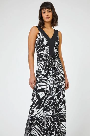 Roman Black Floral Print Contrast Band Maxi Dress 8 Roman Black Floral Print Contrast Band Maxi Dress - Image 6
