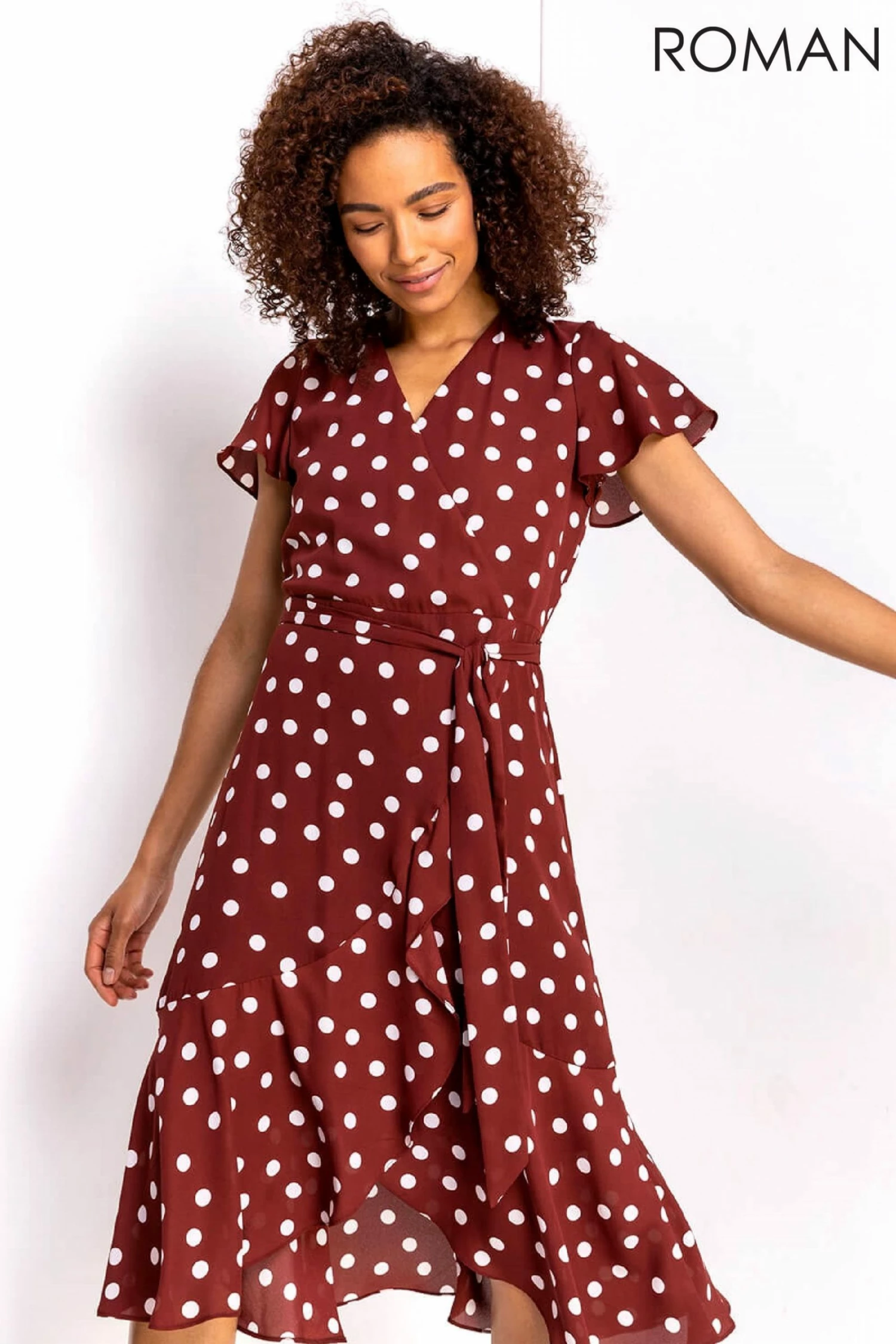 Roman Brown Polka Dot Frilled Wrap Dress 3 Roman Brown Polka Dot Frilled Wrap Dress