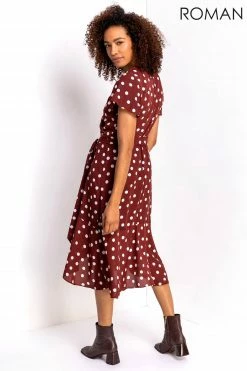 Roman Brown Polka Dot Frilled Wrap Dress 8 Roman Brown Polka Dot Frilled Wrap Dress -Roman Sales Shop unnamed file 1809