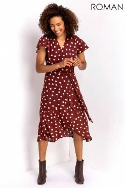 Roman Brown Polka Dot Frilled Wrap Dress 9 Roman Brown Polka Dot Frilled Wrap Dress -Roman Sales Shop unnamed file 1810
