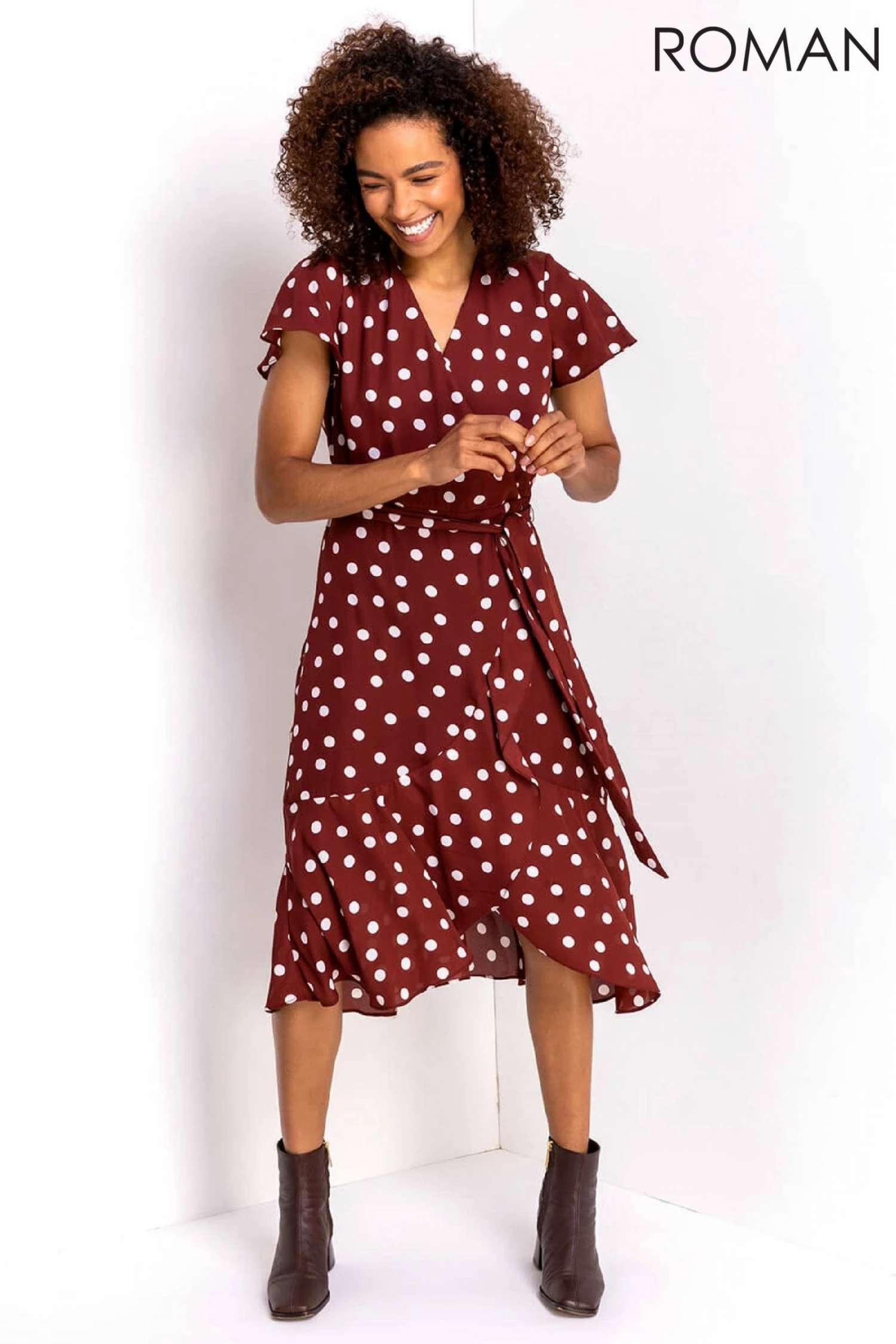 Roman Brown Polka Dot Frilled Wrap Dress 5 Roman Brown Polka Dot Frilled Wrap Dress - Image 3