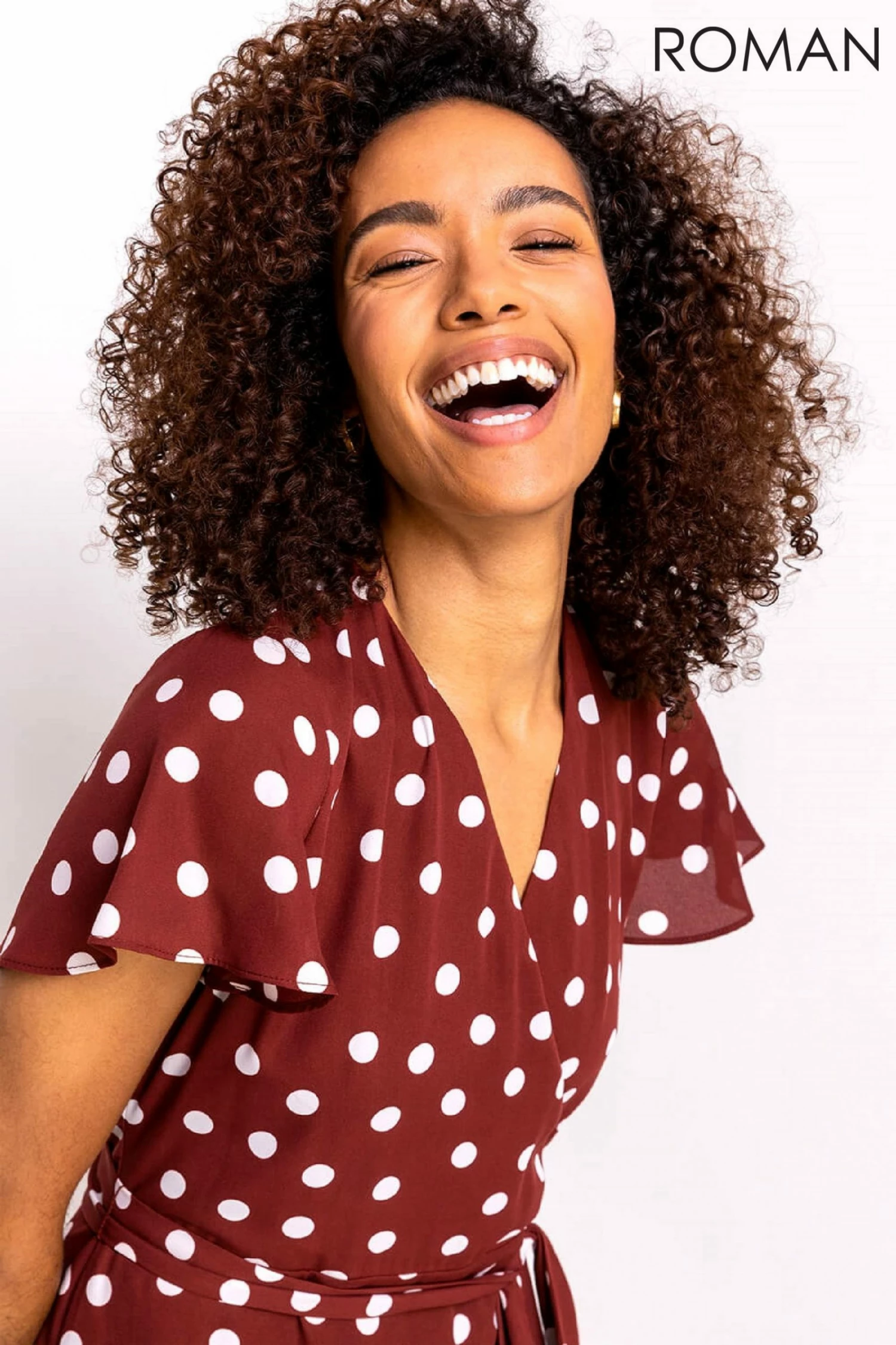 Roman Brown Polka Dot Frilled Wrap Dress 6 Roman Brown Polka Dot Frilled Wrap Dress - Image 4