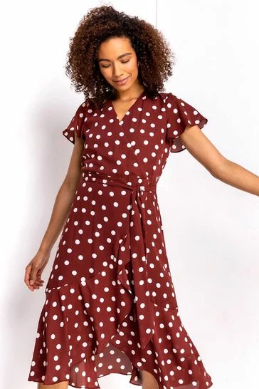 Roman Brown Polka Dot Frilled Wrap Dress 7 Roman Brown Polka Dot Frilled Wrap Dress - Image 5