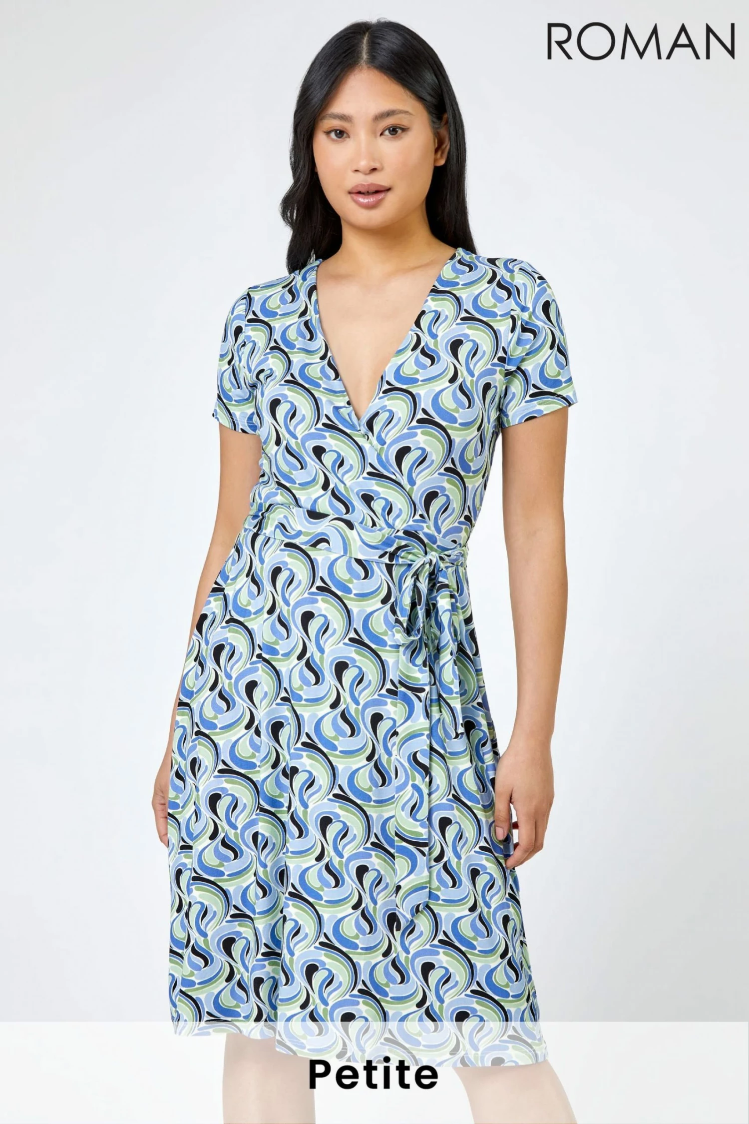 Roman Blue Petite Swirl Print Jersey Wrap Dress 3 Roman Blue Petite Swirl Print Jersey Wrap Dress