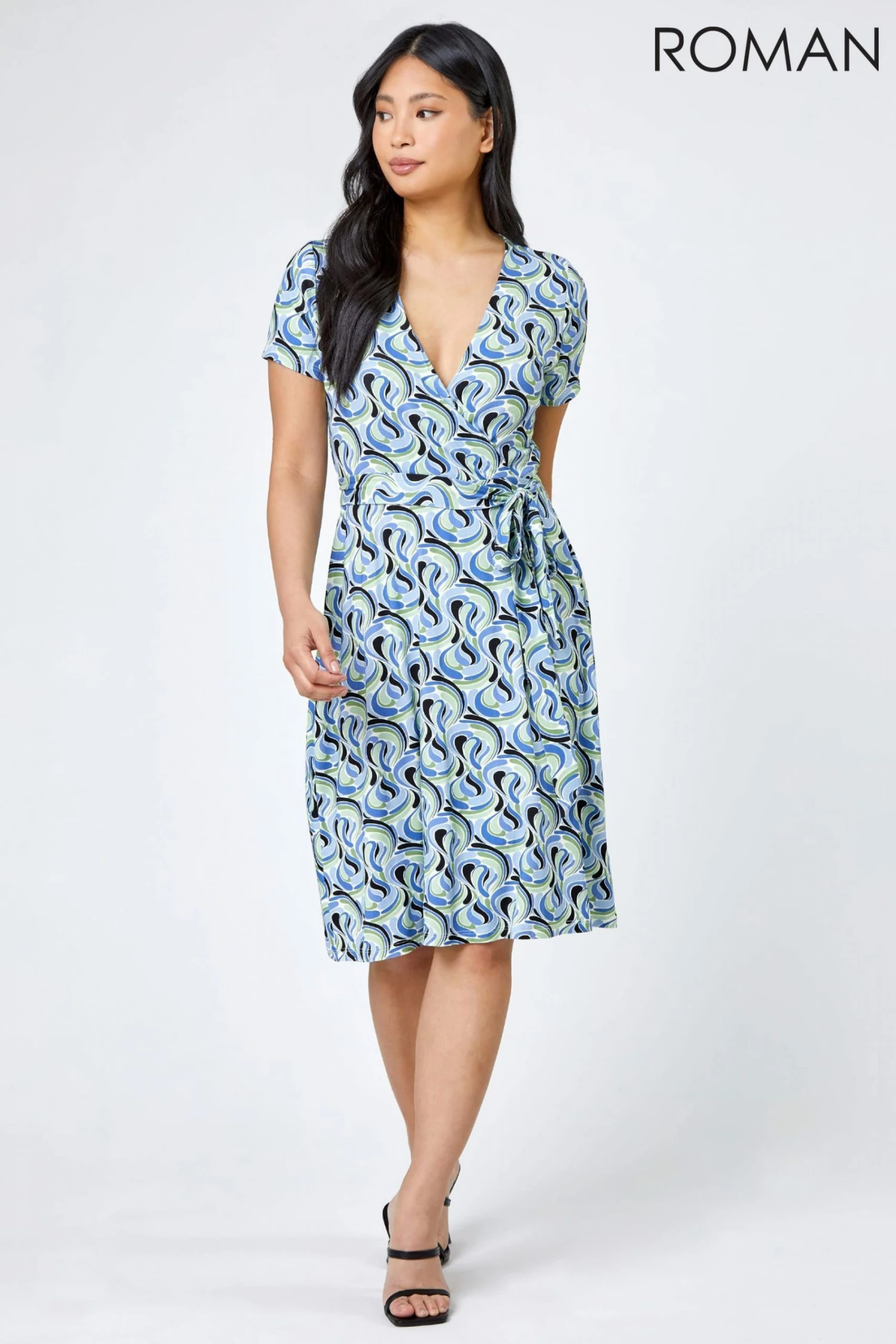 Roman Blue Petite Swirl Print Jersey Wrap Dress 5 Roman Blue Petite Swirl Print Jersey Wrap Dress - Image 3