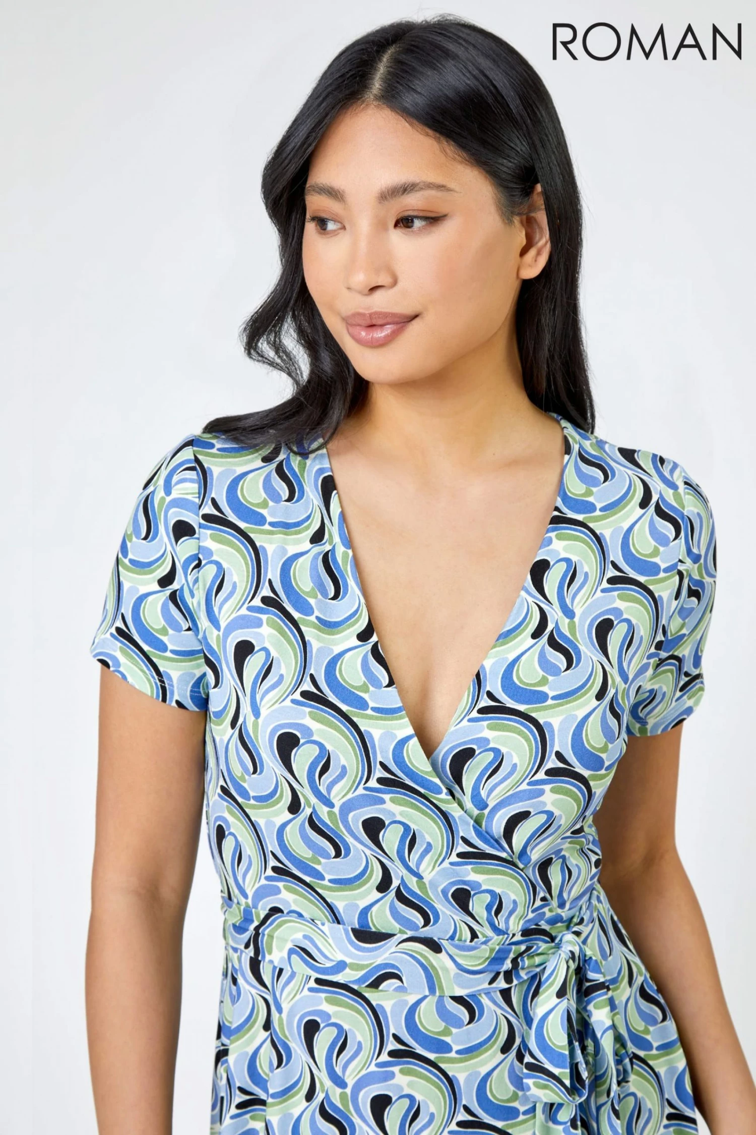 Roman Blue Petite Swirl Print Jersey Wrap Dress 6 Roman Blue Petite Swirl Print Jersey Wrap Dress - Image 4