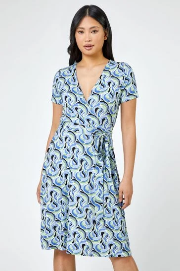 Roman Blue Petite Swirl Print Jersey Wrap Dress 7 Roman Blue Petite Swirl Print Jersey Wrap Dress - Image 5