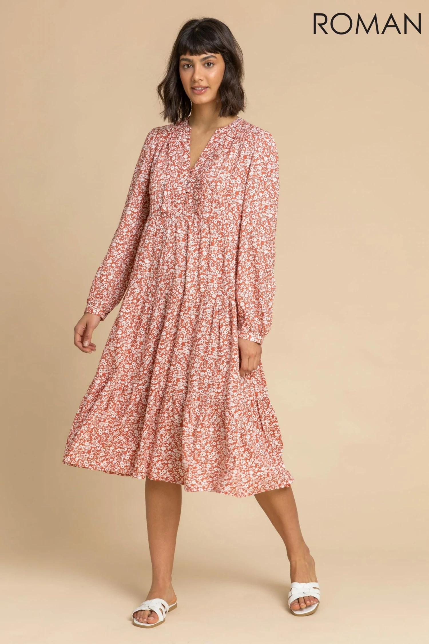 Roman Orange Ditsy Floral Print Tiered Midi Dress 3 Roman Orange Ditsy Floral Print Tiered Midi Dress