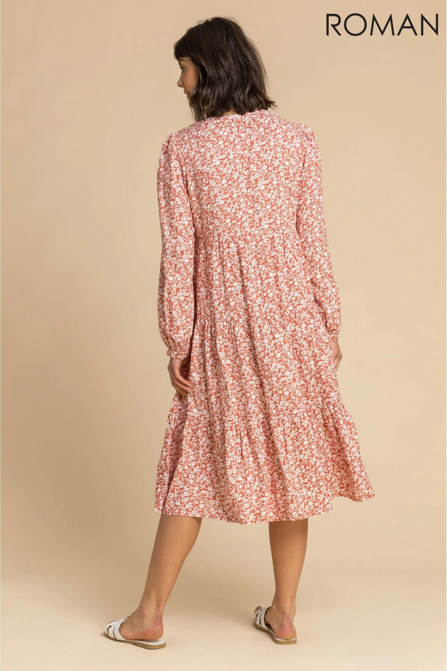 Roman Orange Ditsy Floral Print Tiered Midi Dress 4 Roman Orange Ditsy Floral Print Tiered Midi Dress - Image 2