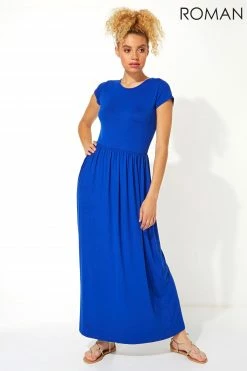 Roman Blue Gathered Skirt Maxi Dress