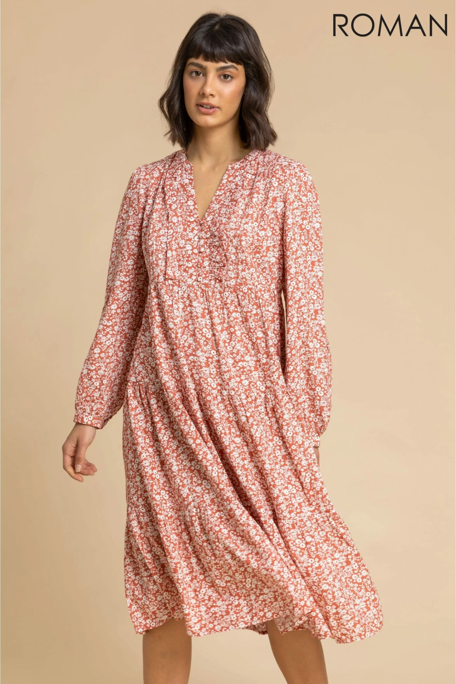 Roman Orange Ditsy Floral Print Tiered Midi Dress 5 Roman Orange Ditsy Floral Print Tiered Midi Dress - Image 3