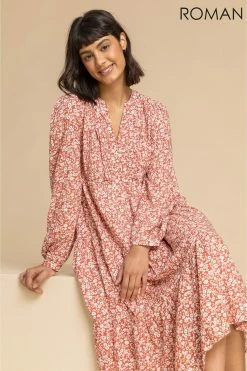 Roman Orange Ditsy Floral Print Tiered Midi Dress 12 Roman Orange Ditsy Floral Print Tiered Midi Dress -Roman Sales Shop unnamed file 1822