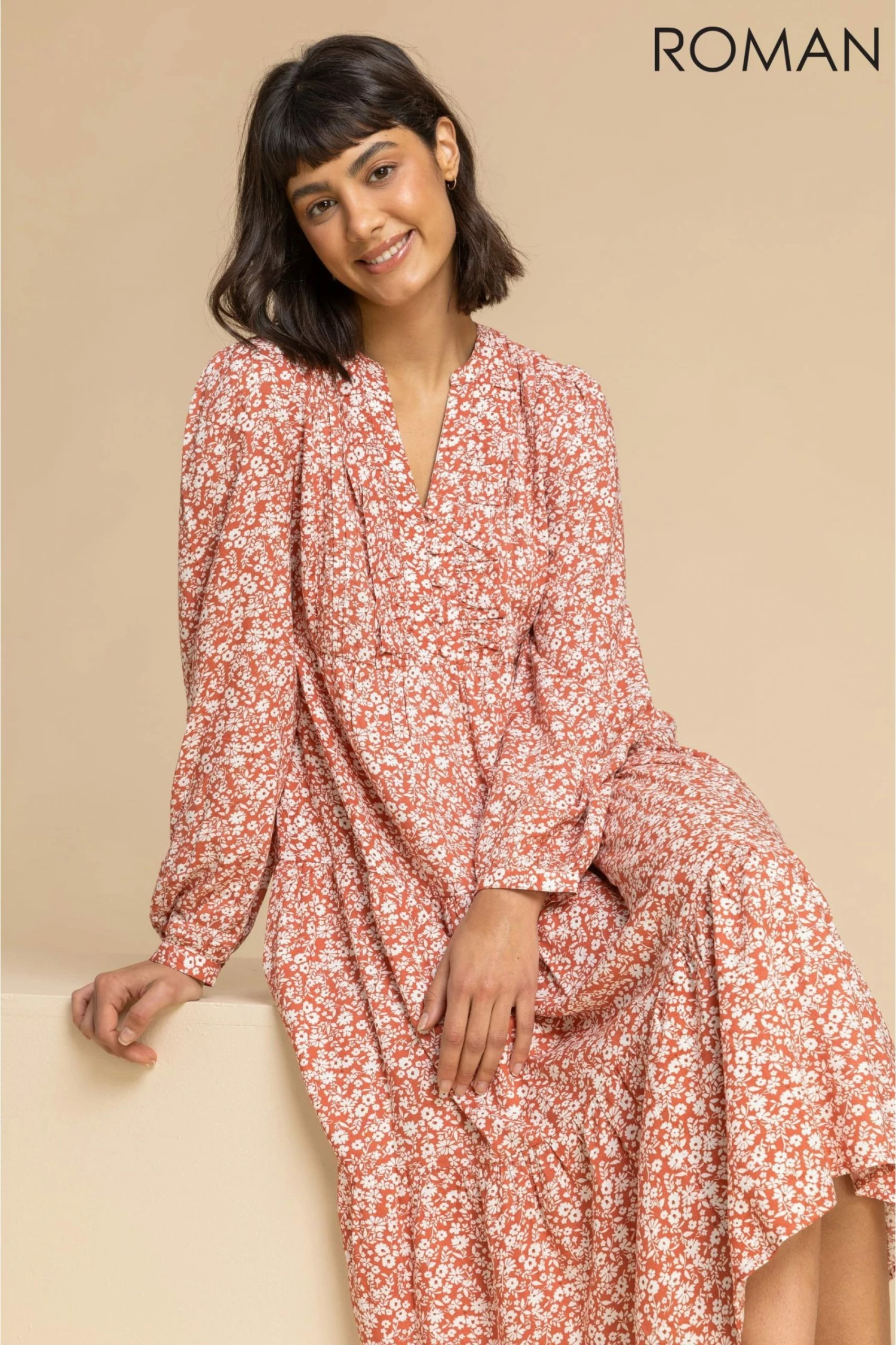 Roman Orange Ditsy Floral Print Tiered Midi Dress 7 Roman Orange Ditsy Floral Print Tiered Midi Dress - Image 5