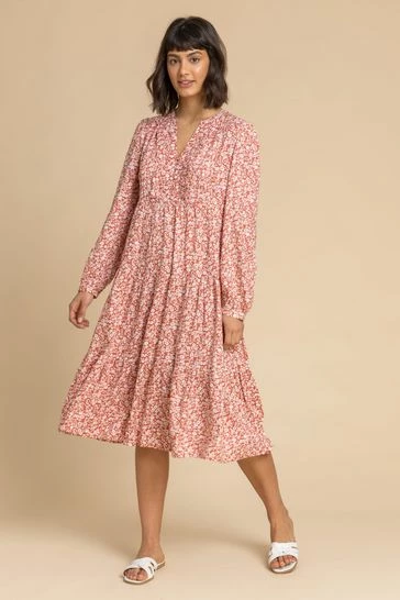 Roman Orange Ditsy Floral Print Tiered Midi Dress 8 Roman Orange Ditsy Floral Print Tiered Midi Dress - Image 6