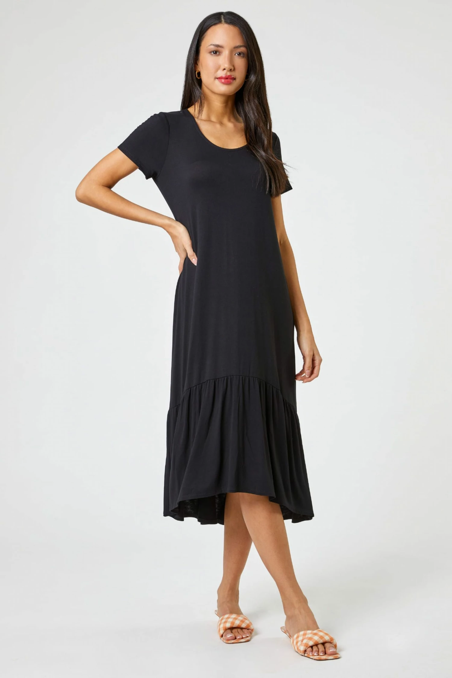 Roman Black Tiered Hem Jersey Midi Dress 6 Roman Black Tiered Hem Jersey Midi Dress - Image 4