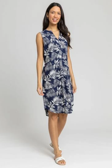 Roman Blue Leaf Print Belted Shift Dress 7 Roman Blue Leaf Print Belted Shift Dress - Image 5
