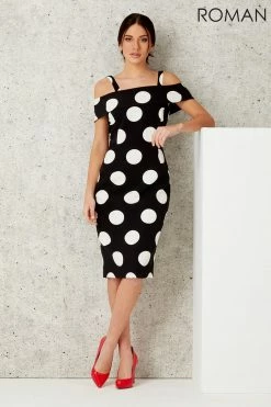 Roman Black Polka Dot Bardot Dress