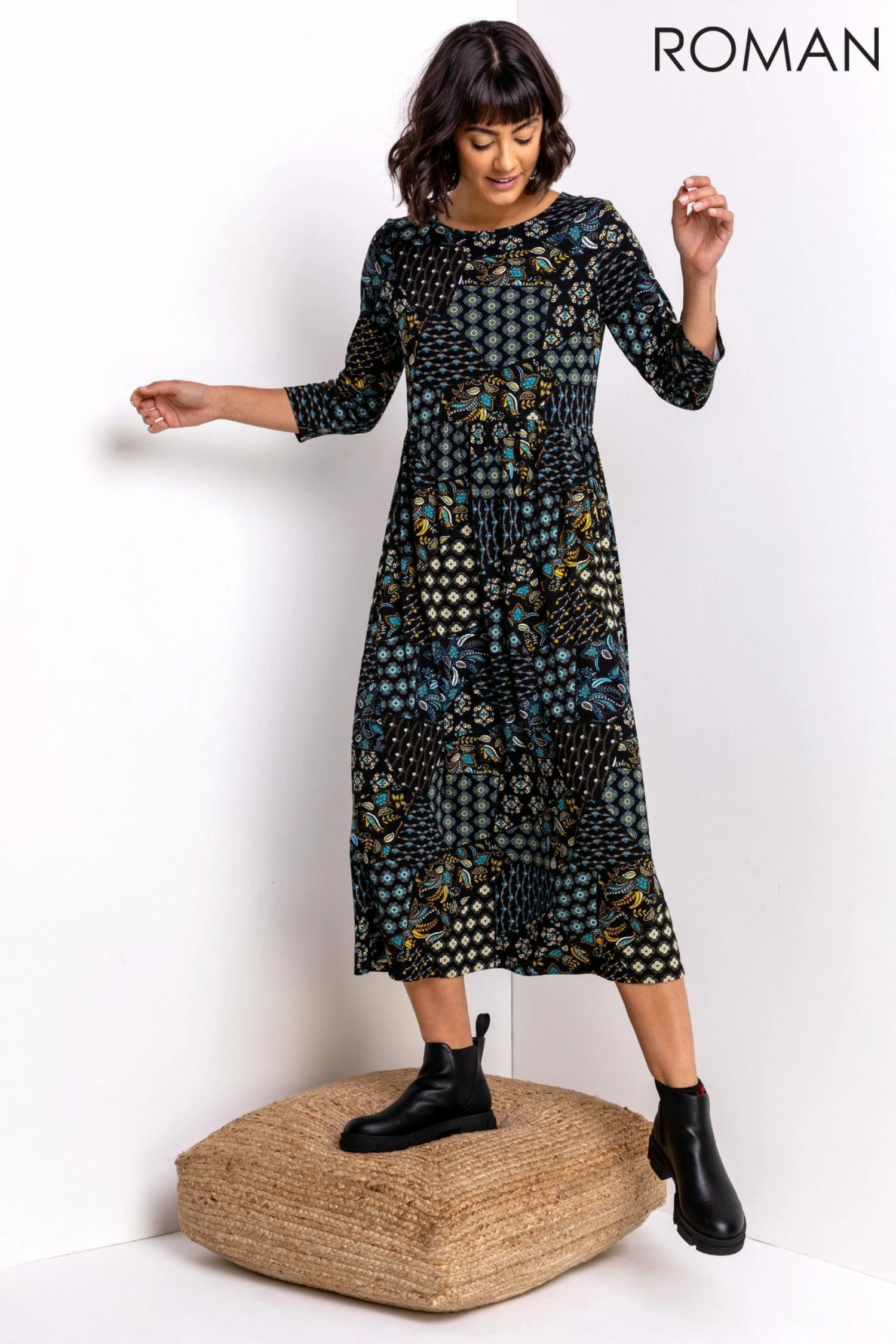 Roman Blue Patchwork Floral Print Midi Dress 3 Roman Blue Patchwork Floral Print Midi Dress