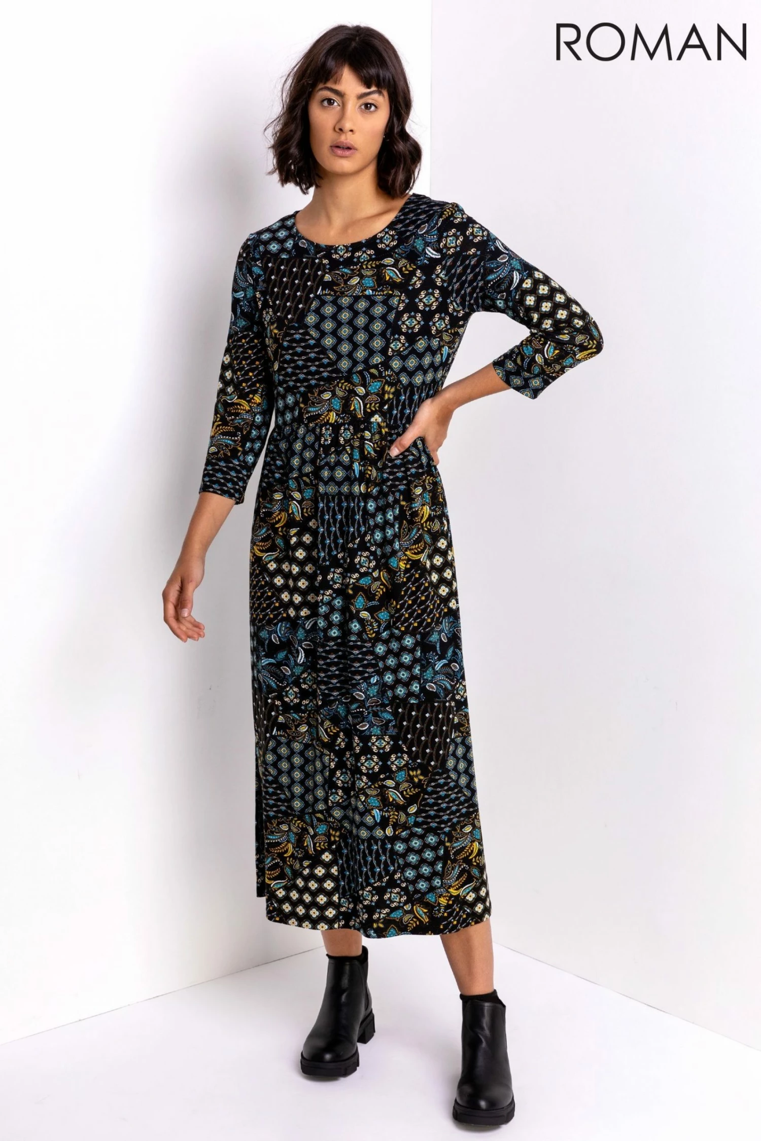Roman Blue Patchwork Floral Print Midi Dress 5 Roman Blue Patchwork Floral Print Midi Dress - Image 3