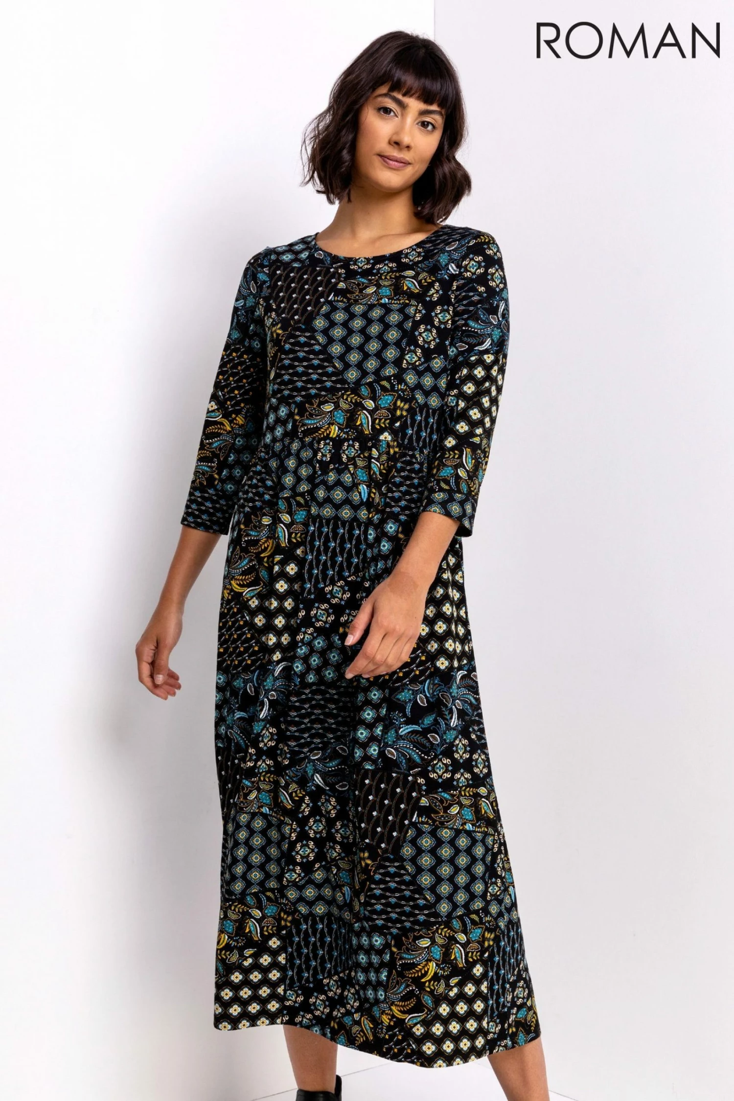 Roman Blue Patchwork Floral Print Midi Dress 6 Roman Blue Patchwork Floral Print Midi Dress - Image 4