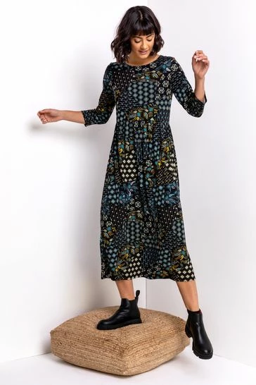 Roman Blue Patchwork Floral Print Midi Dress 7 Roman Blue Patchwork Floral Print Midi Dress - Image 5