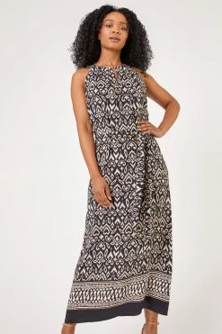 Roman Black Petite Boho Border Print Halter Neck Dress