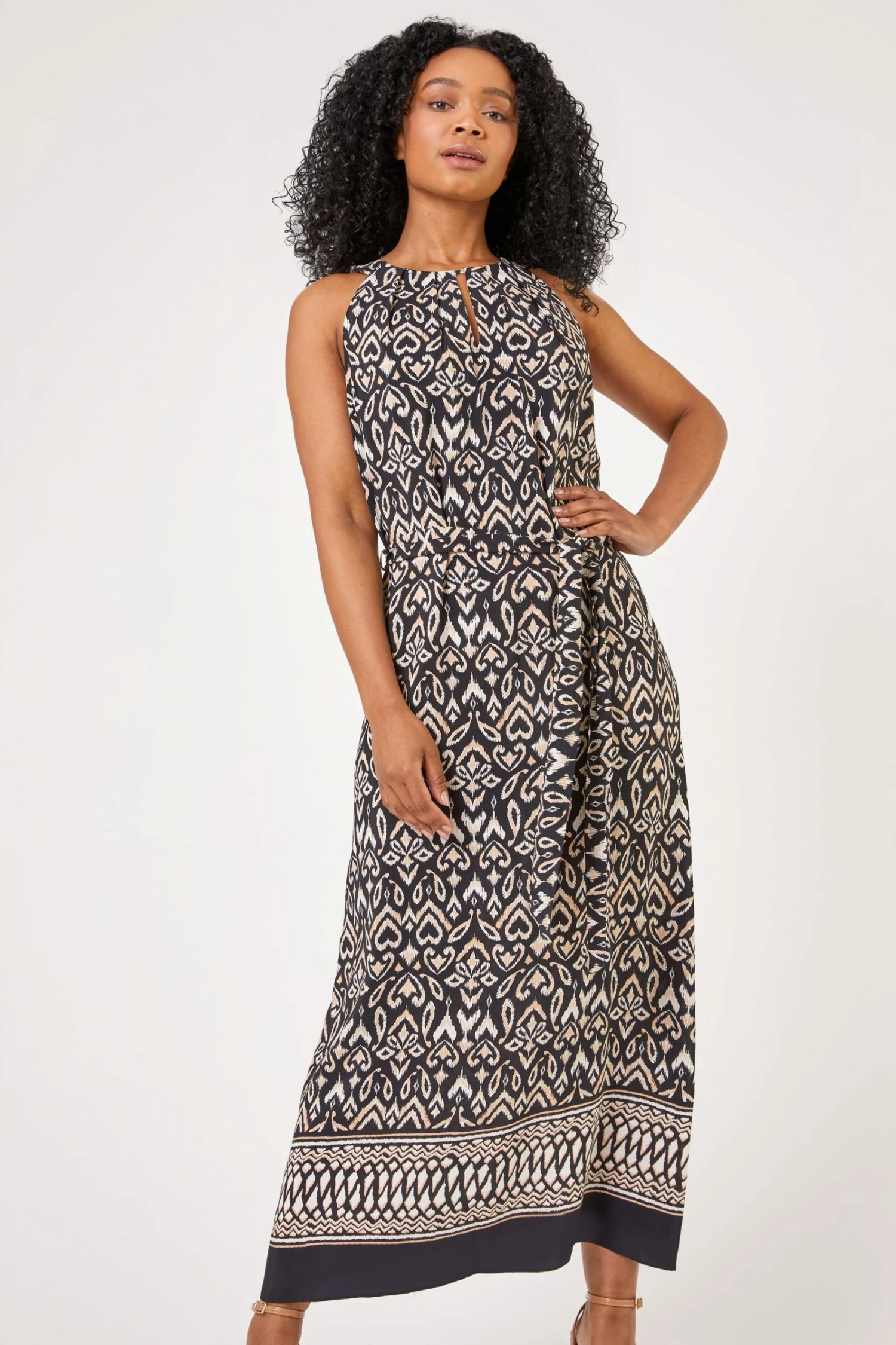 Roman Black Petite Boho Border Print Halter Neck Dress 3 Roman Black Petite Boho Border Print Halter Neck Dress