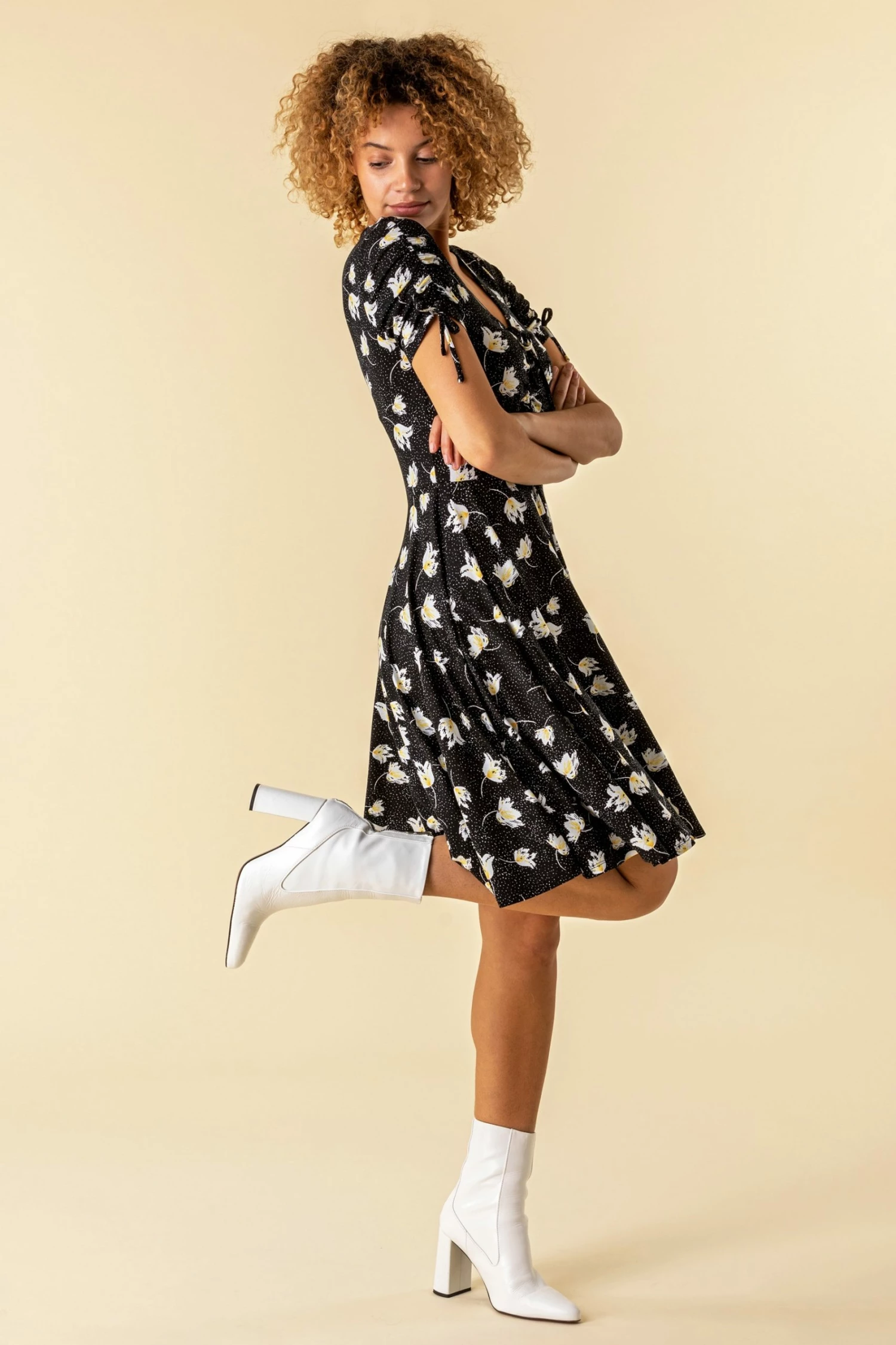 Roman Black Floral Spot Ruched Tea Dress 4 Roman Black Floral Spot Ruched Tea Dress - Image 2