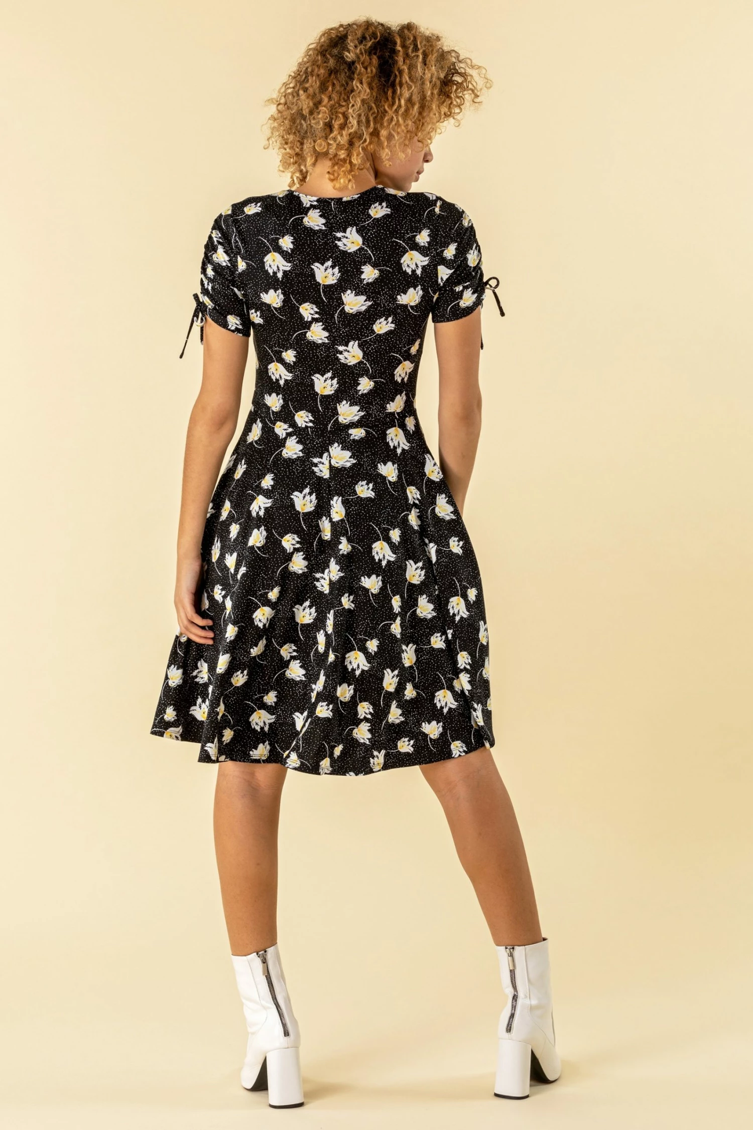 Roman Black Floral Spot Ruched Tea Dress 5 Roman Black Floral Spot Ruched Tea Dress - Image 3