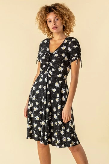Roman Black Floral Spot Ruched Tea Dress 7 Roman Black Floral Spot Ruched Tea Dress - Image 5