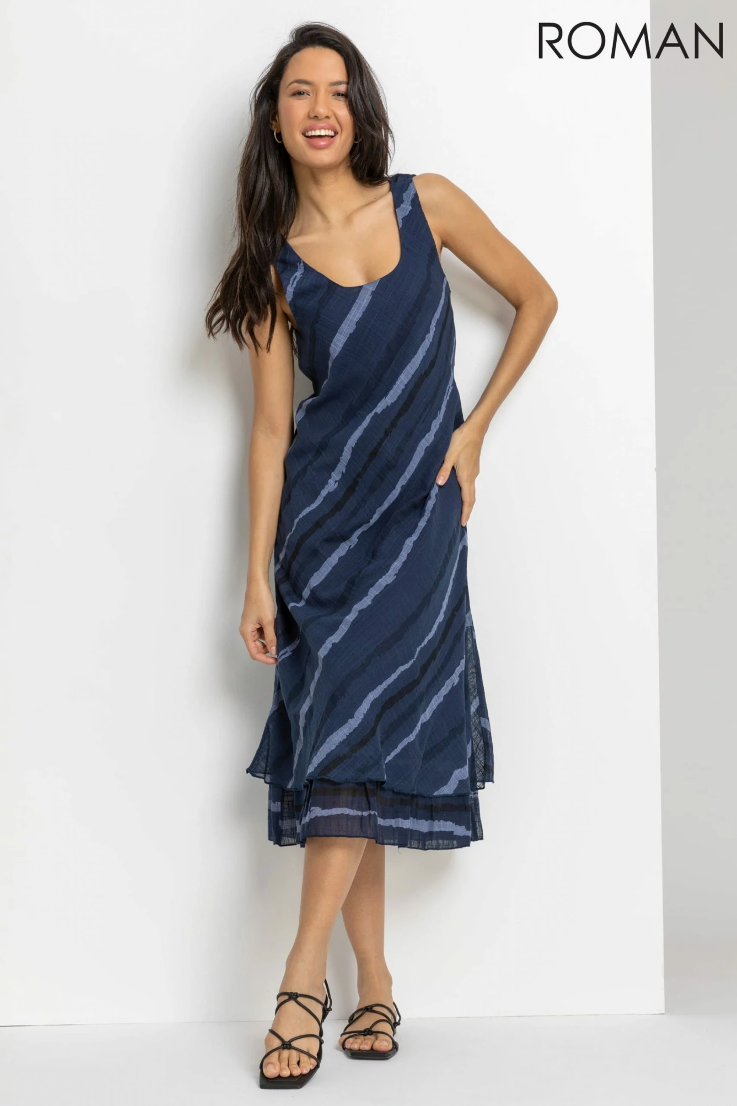 Roman Blue Stripe Print Layered Swing Dress 3 Roman Blue Stripe Print Layered Swing Dress