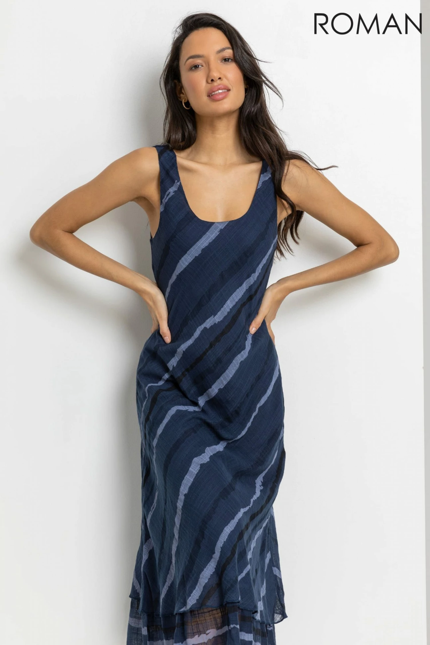 Roman Blue Stripe Print Layered Swing Dress 5 Roman Blue Stripe Print Layered Swing Dress - Image 3
