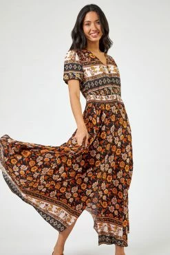 Roman Yellow & Brown Boho Floral Print Maxi Dress