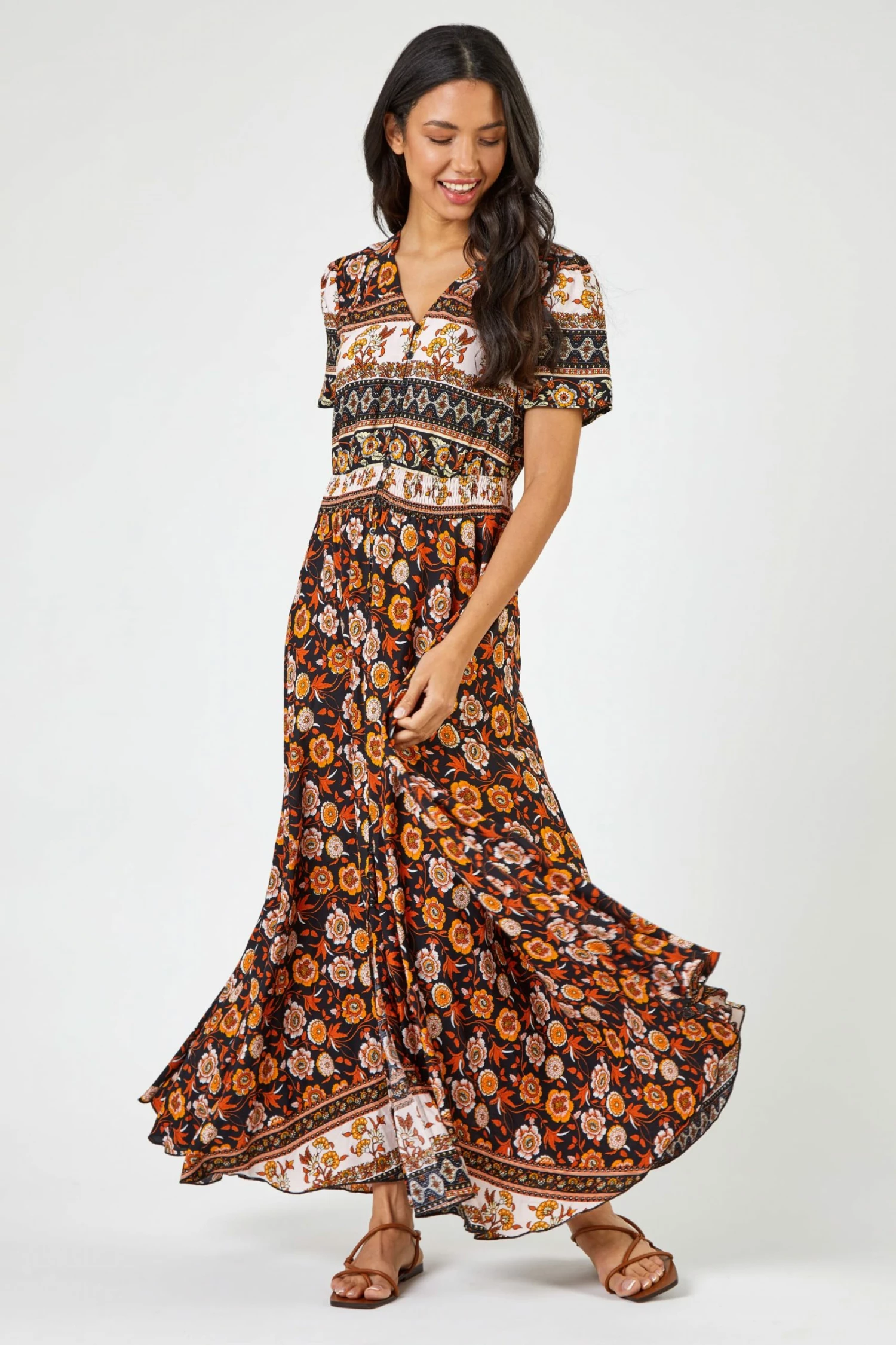 Roman Yellow & Brown Boho Floral Print Maxi Dress 7 Roman Yellow & Brown Boho Floral Print Maxi Dress - Image 5