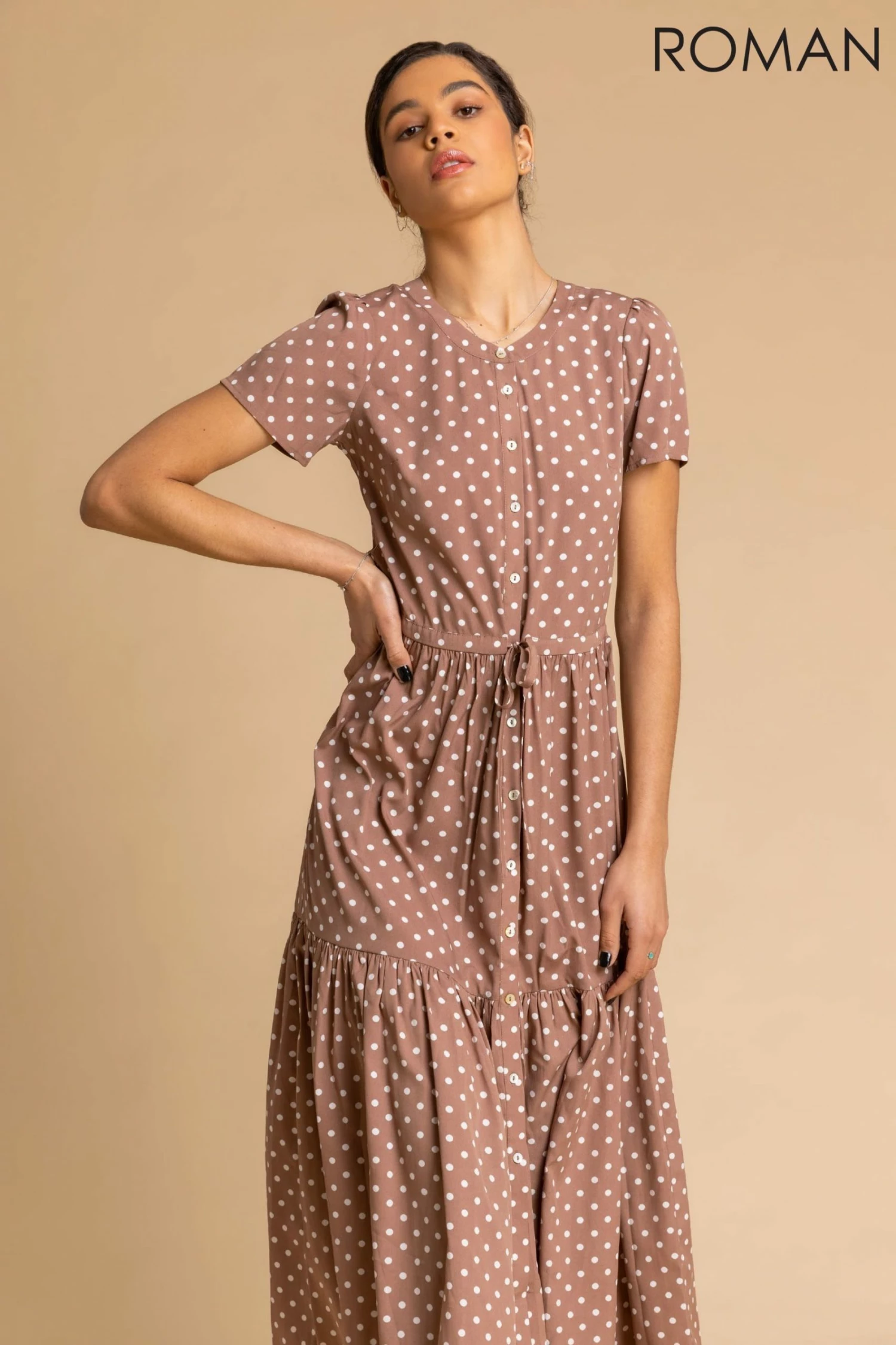 Roman Brown Spot Print Tiered Midi Shirt Dress 3 Roman Brown Spot Print Tiered Midi Shirt Dress