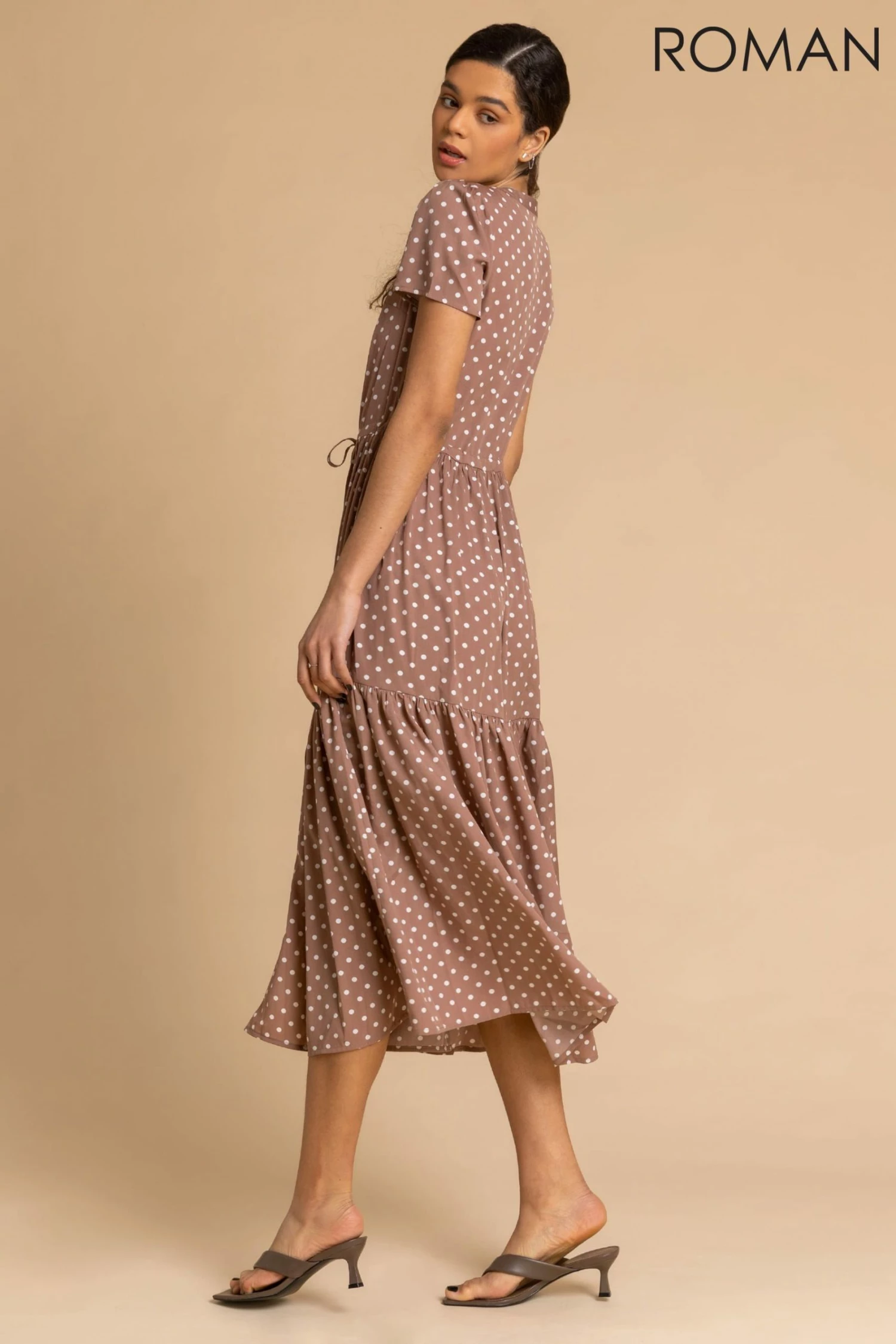 Roman Brown Spot Print Tiered Midi Shirt Dress 4 Roman Brown Spot Print Tiered Midi Shirt Dress - Image 2